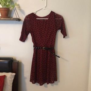 Maroon polka dot dress.